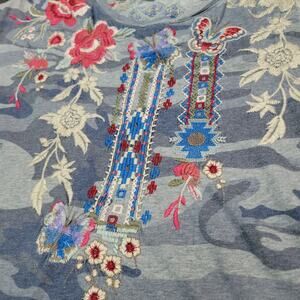 Johnny Was Embroidered Camo Floral Tee Boho Top Butterfly Cotton